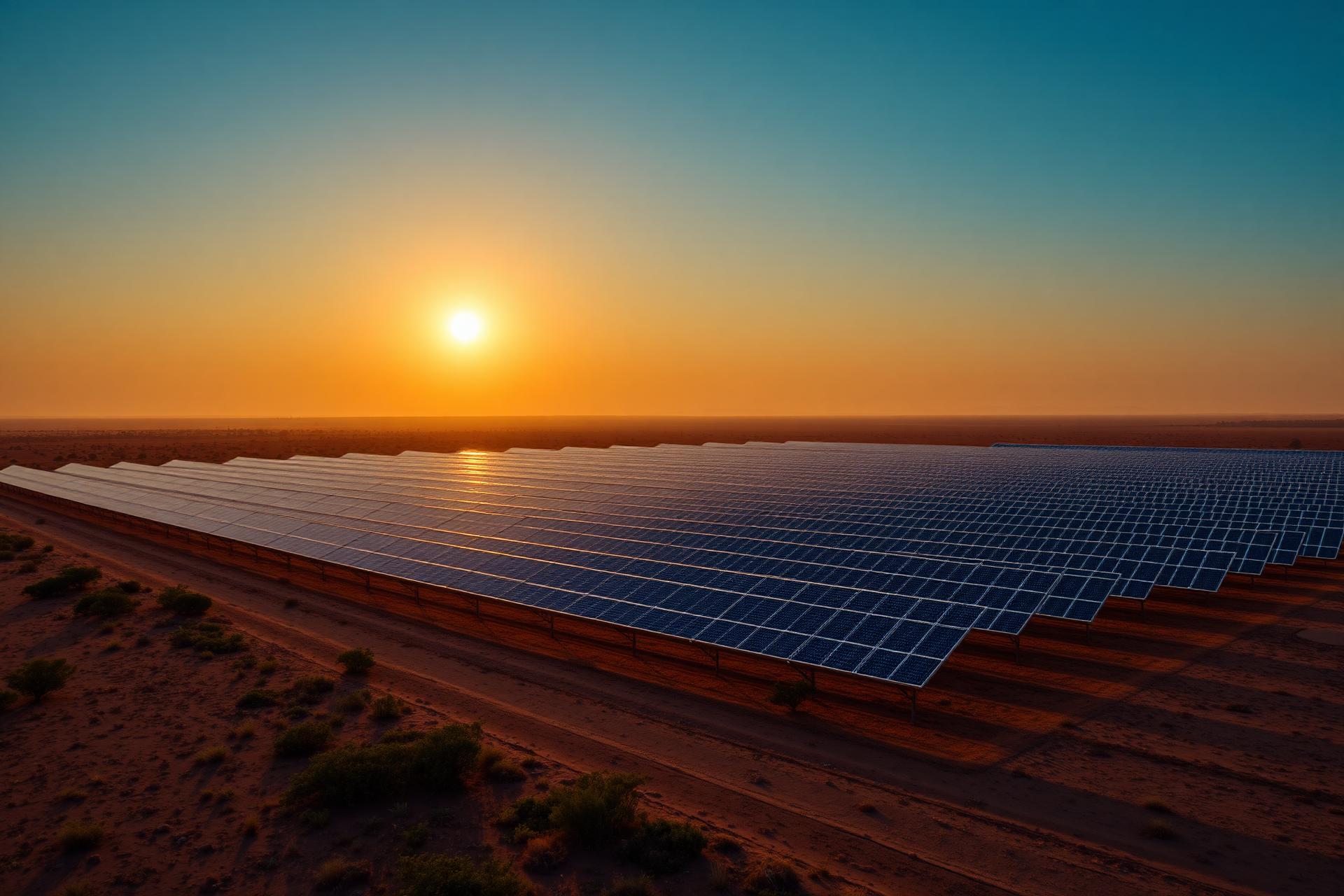 Champ de panneaux solaires au coucher du soleil